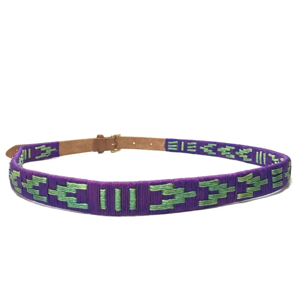 J.Crew Purple Green Embroidered Geo Boho Leather Belt Womens Medium NWOT 39